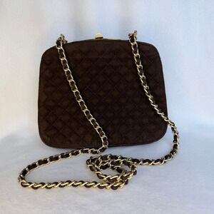 VTG Velvet Shoulder Bag Quilted Evening Bag Small Brown Gold Chain Glam Retro